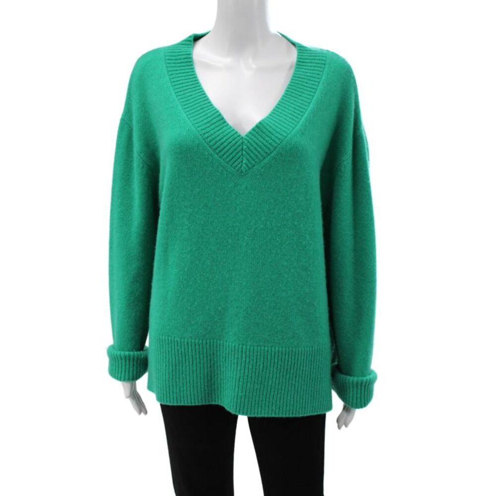 Kirna Zabete Unisex Classic V-Neck 100% Cashmere Pullover Sweater Green Size L
